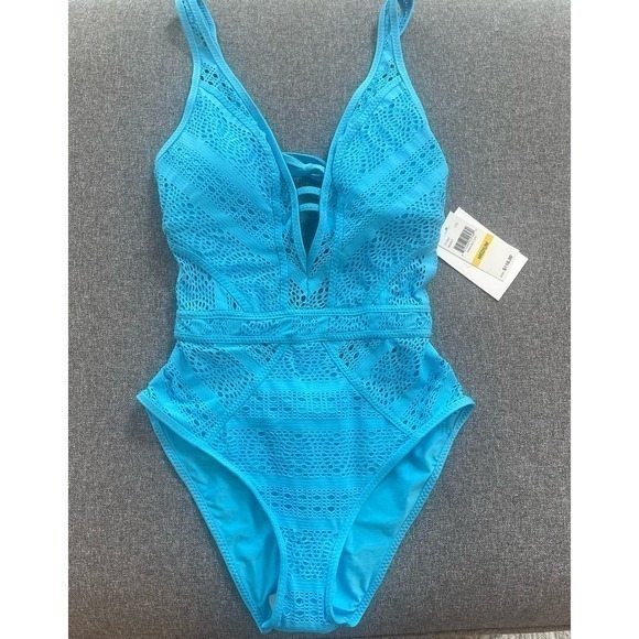 BECCA Women's‎ Color Play Crochet One Piece Swimsuit Plunge Neck Blue Size Med - Picture 3 of 8